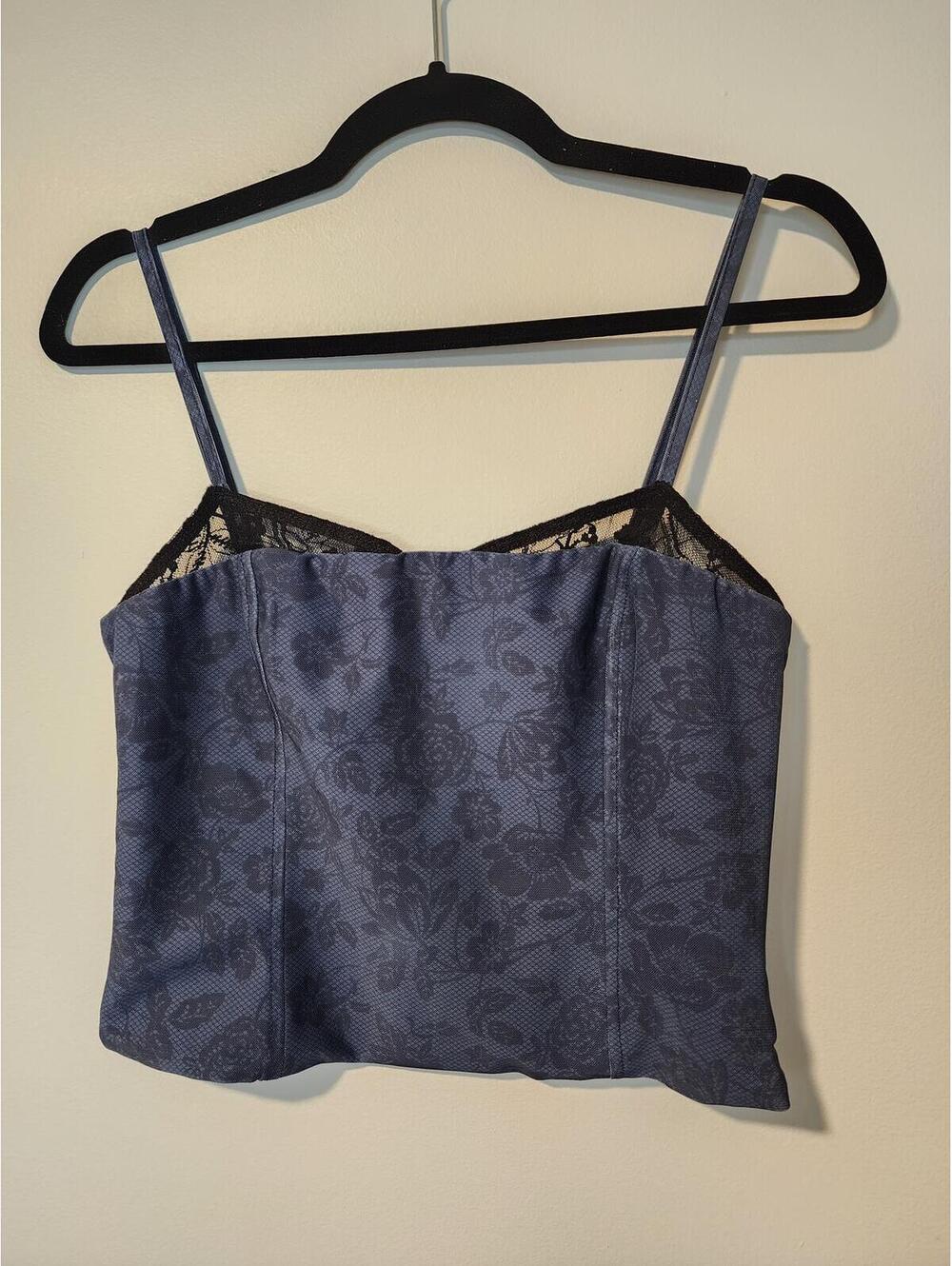 Edikted Blue Floral Lace Trim Zip-Front Cami Top Size M